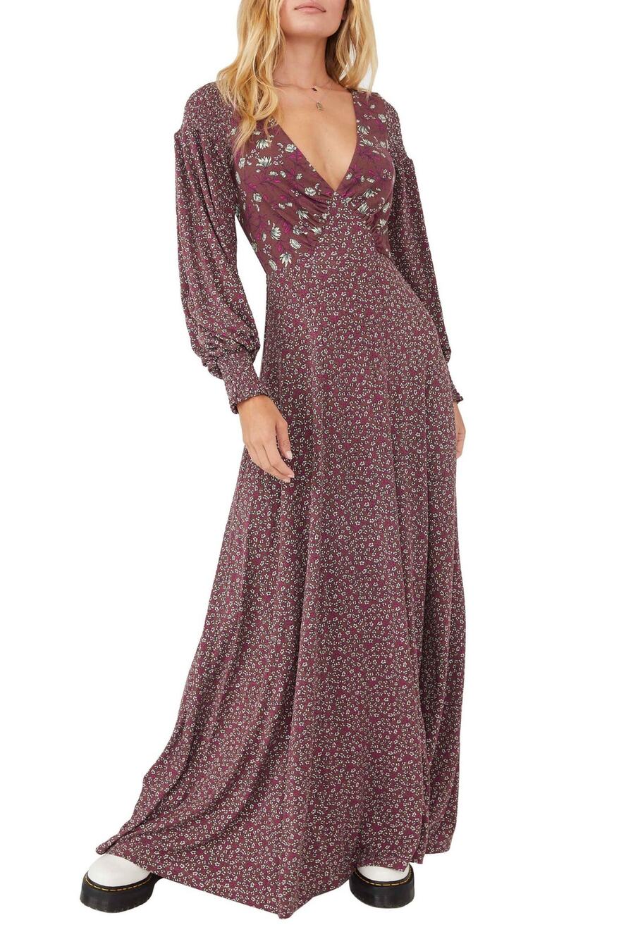 Free People Love Story Maxi Dress Raisin Combo Floral Open Back Boho